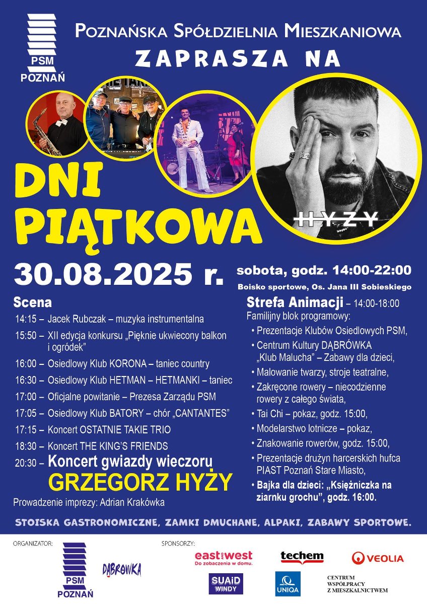 Granatowy plakat z harmonogramem Dni Piątkowa. Na górze kilka zdjęć występujących artystów. Szczegoły w treści artykułu.