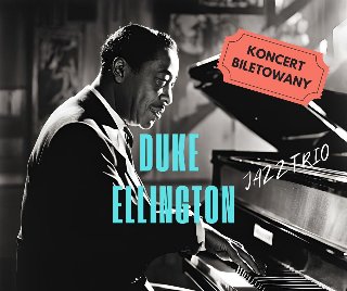 Na zdjęciu widoczny jest portret Duke'a Ellingtona, znanego muzyka jazzowego. Ma na sobie ciemny garnitur i krawat.