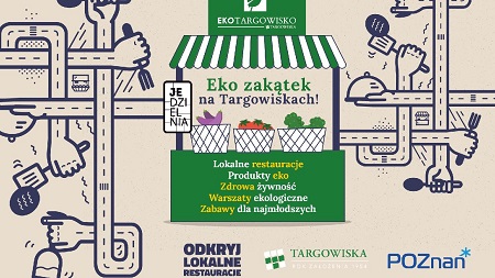Grafika promująca, na śrtodku zielony stragan, kosze z warzywami, wokół niebieskie elementy dróg zakończonych rękoma trzymającymi przyrządy kuchenne.