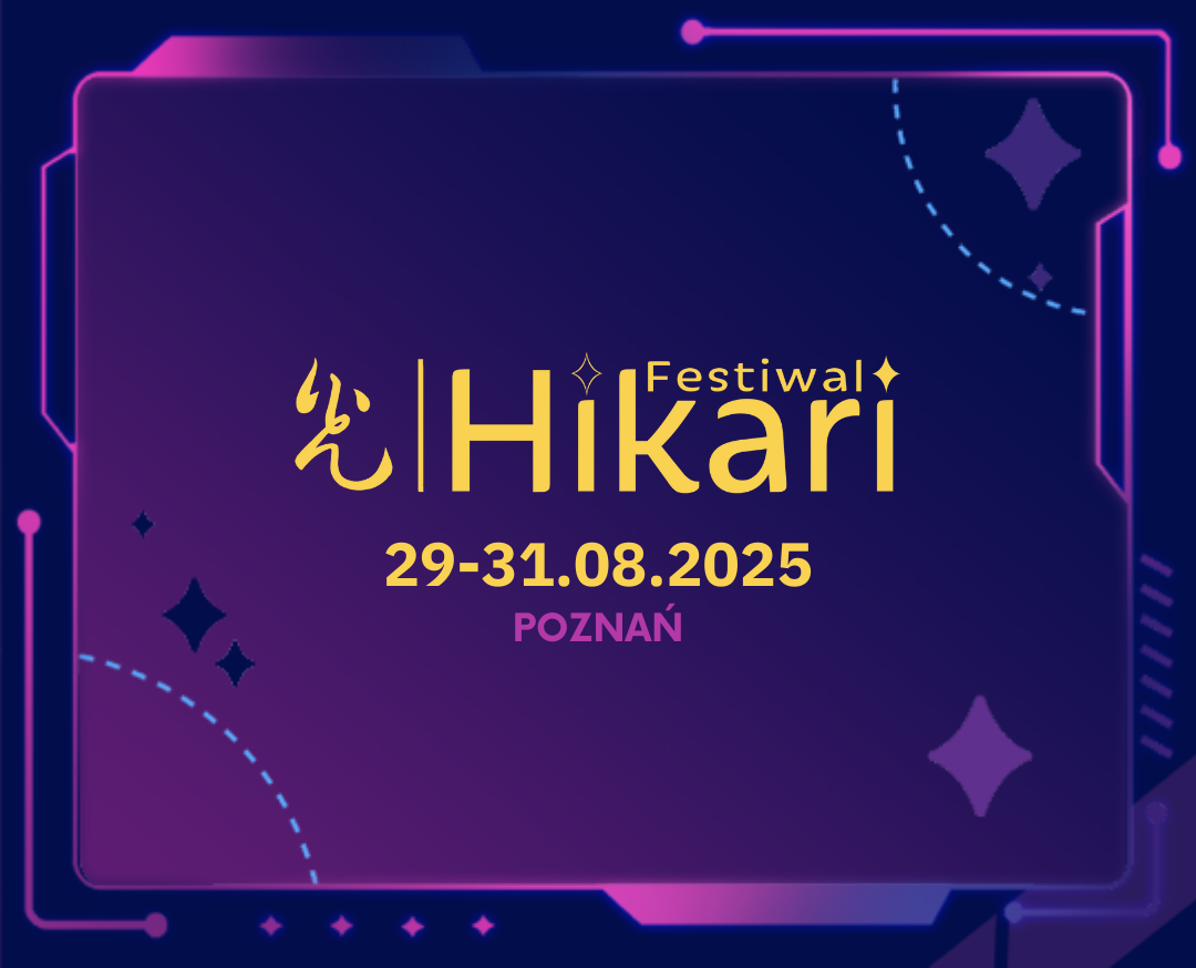 Fioletowy plakat z różtym napisem "Festiwal Hikari 29-31.08.2025".