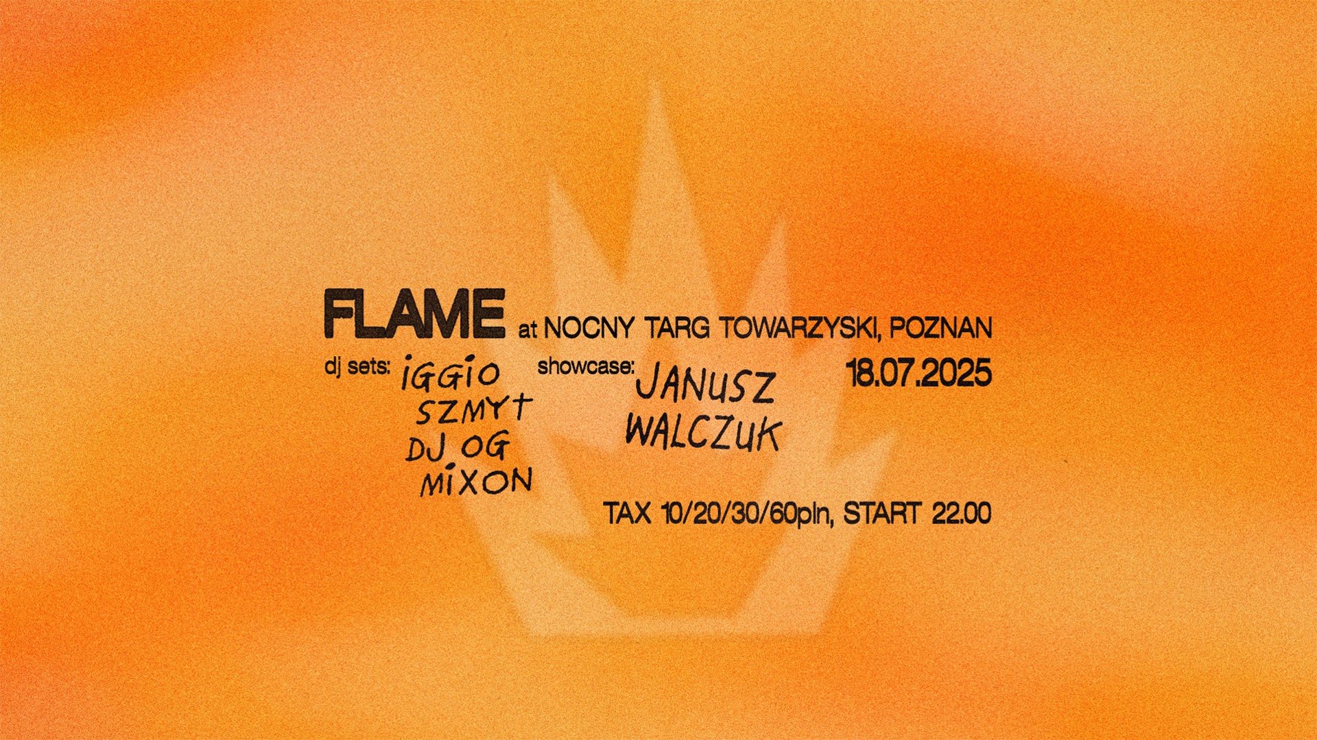 Pomarańczowe tło z czarnym napisem "Flame at nocny targ towarzyski, Poznań"