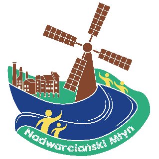 Logo Fundacji Młyn Wsparcia, grafika przedstawia wijącą się rzekę, z domami na brzegu i młynem.