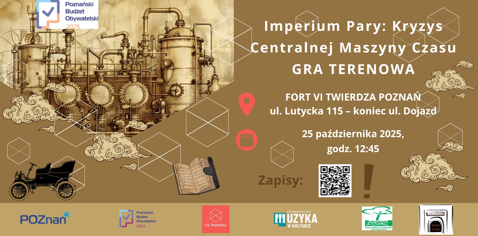 Plakat przedstawia starą maszynerię parową. Po prawej biały napis "Imperium Pary: Kryzys Centralnej Maszyny Czasu. Gra terenowa".