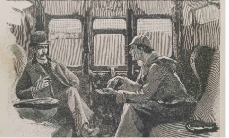 Grafika: dwaj mężczyźni w pociągu.