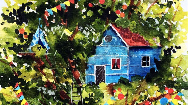 Akwarela: niebieski domek w sadzie.