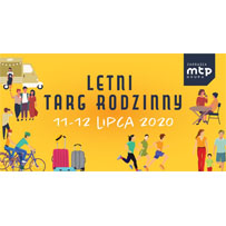 Na żółtym tle czarne i białe litery. Dookoła rysunki rodzin. W prawym górnym rogu logo czarne MTP.
