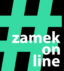 Na czarnym tle umieszczono pastelowo-zielony znak # oraz biały napis zamek online.