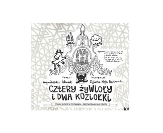 Herb Poznania i dookoła niego: symbole 4 żywiołów i koziołek oraz napis: Cztery żywioły i dwa koziołki.