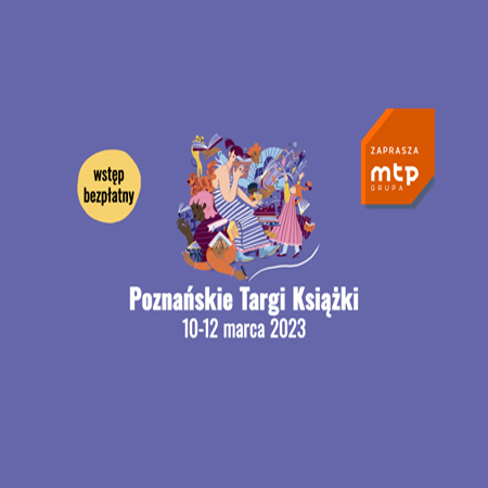 Na środku grafika przedstawiająca kilka sylwetek czytających książki. Na dole białe napisy informujące o wydarzeniu na fioletowym tle.