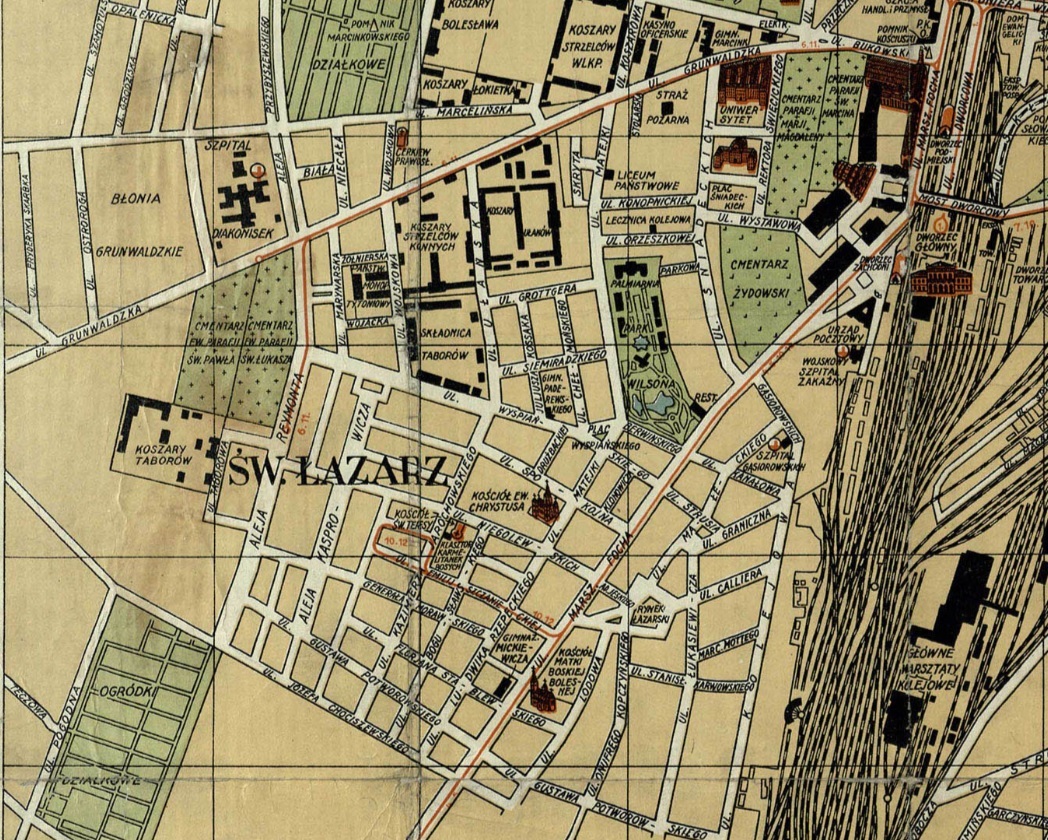 Mapa Łazarza z zaznaczonymi ulicami i różnymi obiektami, np. kościołami czy cmentarzem żydowskim.