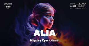 Na grafice twarz dziewczynki w jasnych włosach uczesanych w kitkę widoczna profilem. Na dole grafiki widoczne kolorowe płomienie ognia. Wokół informacje o spektaklu: tytuł i nazwa teatru.,