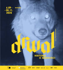 Grafika bazująca na nieostrej, prześwietlonej fotografii wilka. Zdjęcie w niebieskich barwach. Na nie nałożone żółte napisy: "6.09-30.11.2025, DRWAL, HISTORIE O MĘSKOŚCI, KURATOR: PRZEMYSŁAW JĘDROWSKI".