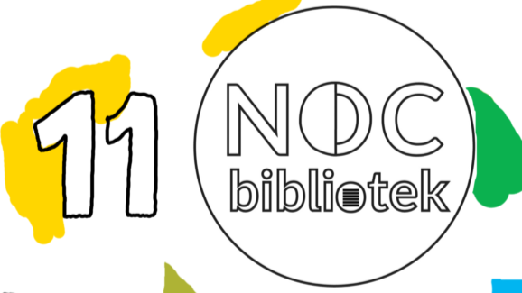 Grafika 11 Nocy bibliotek. Po lewej stronie duża cyfra "11" na tle żółtych plam, po prawej okrąg z napisem "Noc bibliotek" z graficznie stylizowanymi literami, otoczony kolorowymi plamkami.