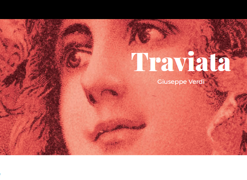 w tle grafiki twarz lekko uśmiechniętej kobiety z długimi włosami, na pierwszym planie tytuł opery i autor