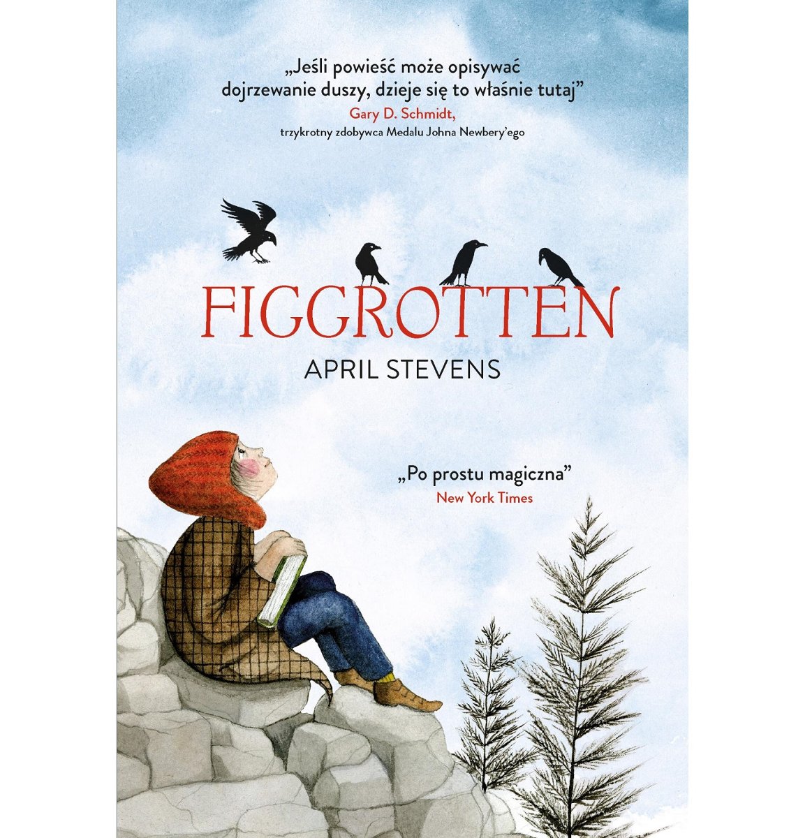 Dziewczynka siedzi na kamieniach, na szczycie góry, w rękach trzyma książkę, patrzy w górę na ptaki siedzące na literach tworzących napis Figgrotten. Poniżej widać czubki drzew.