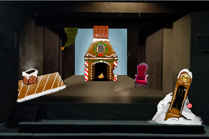 Na środku świątecznie udekorowany kominek, przy nim czerwony fotel. Z lewej strony fragment częściowo ośnieżonego, brązowego dachu.