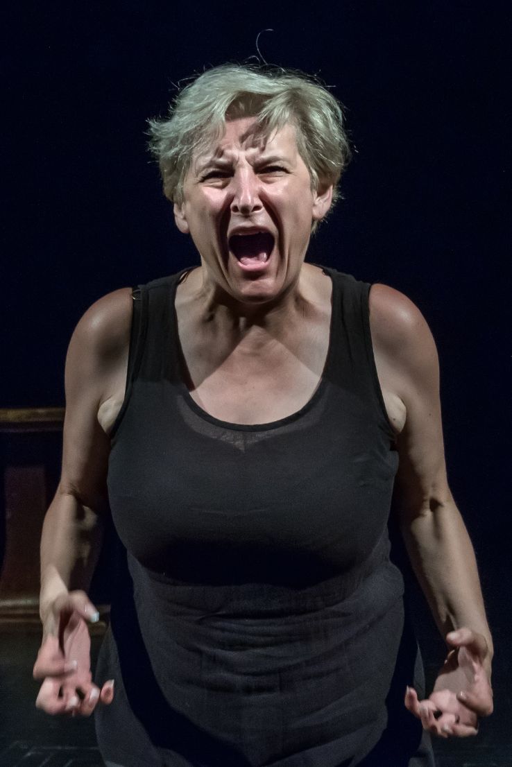 na zdjęciu kobieta w średnim wieku patrzy w obiekty i krzyczy głośno, ręce ma skierowane do przodu, place zagięte