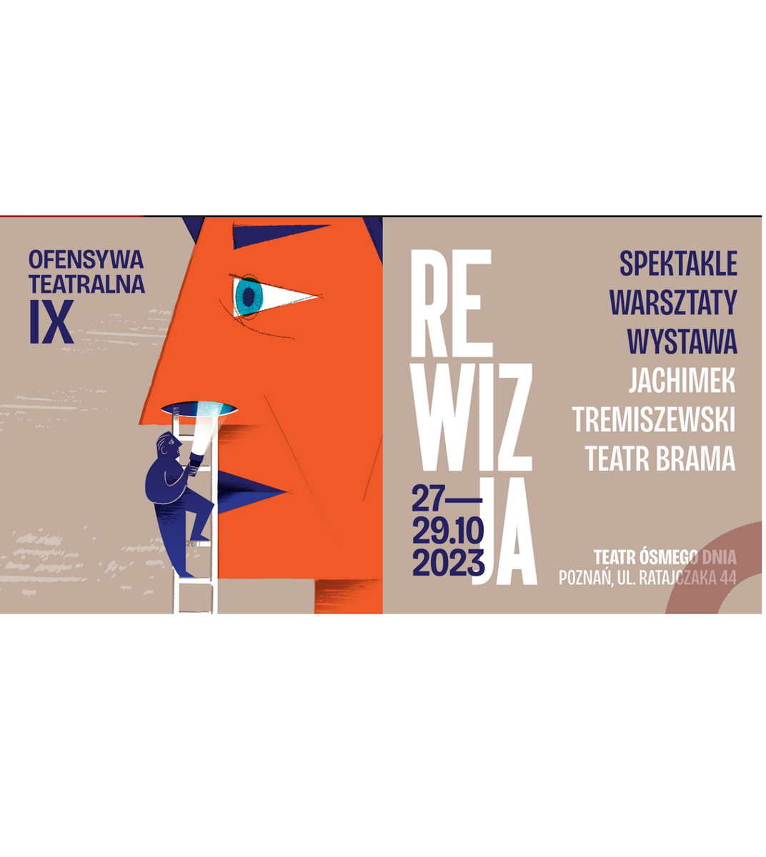 Po lewej stronie na beżowym tle rysunek czerwonej twarzy, do jej nosa prowadzi mała drabina, na której stoi postać z latarką. W prawej części grafiki na beżowym tle napisy o szczegółach wydarzenia.