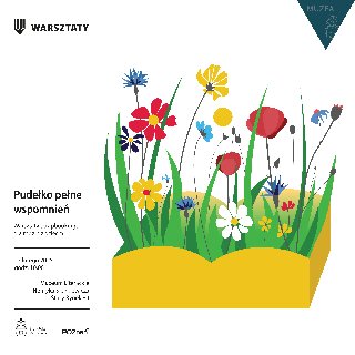 Żółta doniczka z kolorowymi kwiatami. Po lewej informacje o wydarzeniu.