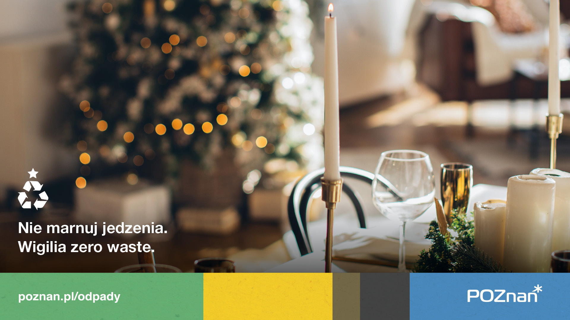 Grafika informacyjna zachęcająca do ekologicznego podejścia do świąt, z hasłem: "Nie marnuj jedzenia. Wigilia zero waste.".