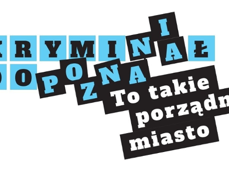 grafika konkursu z nazwą i hasłem wpisanymi w kwadraty w kolorach czarnym i błękitnym