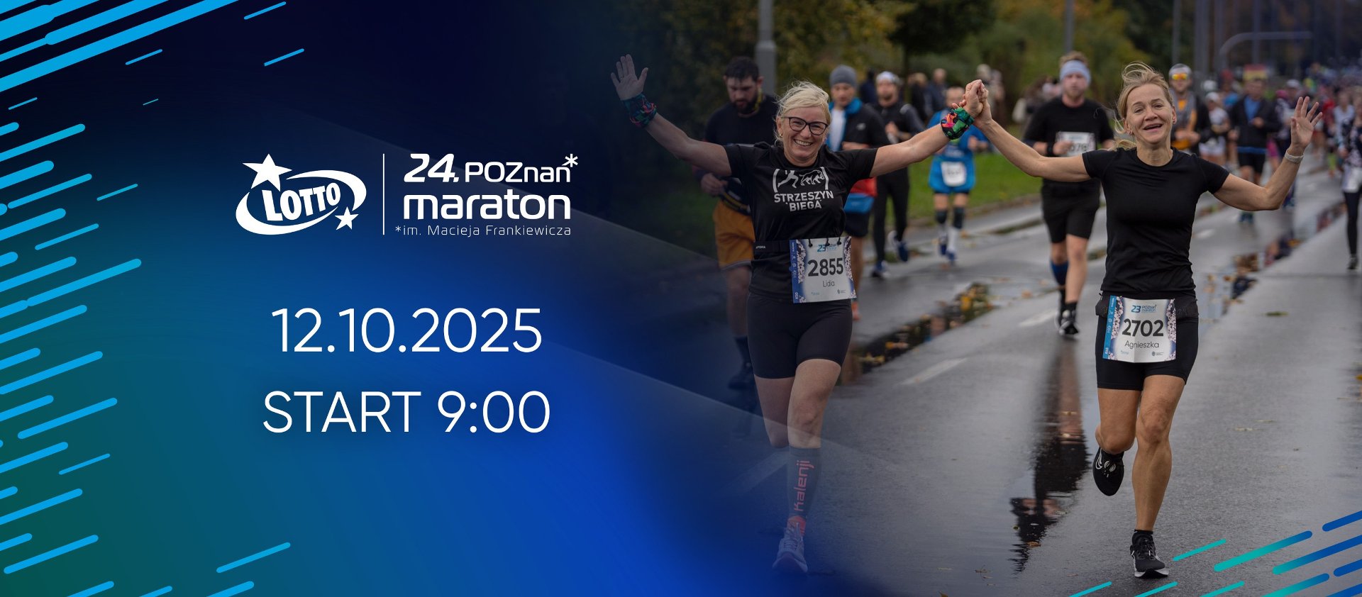 Grafika LOTTO 24. Poznań Maratonu im. Macieja Frankiewicza - z jednej strony 2 kobiety biegną i trzymają się za ręce, z drugiej na niebieskim tle logotyp imprezy wraz z terminem