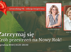 Grafika promocyjna świątecznego networkingu. W tle osoby rozmawiają na spotkaniu. Dodano też choinkę oraz czerwoną kokardę jako elementy dekoracji świątecznych.