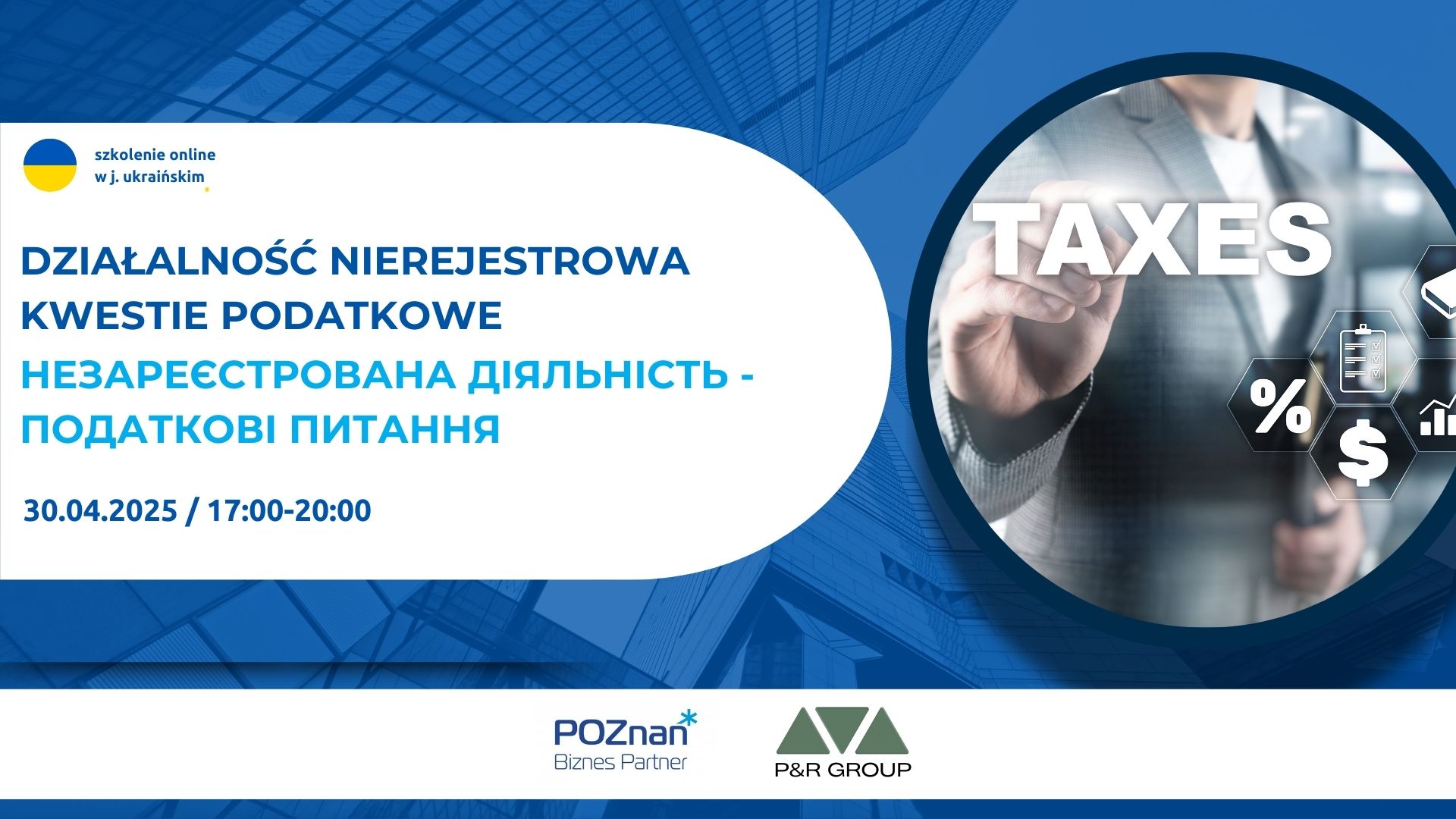 Grafika promocyjna szkolenia Działalność nierejestrowa - kwestie podatkowe.Na obrazku widnieje napis TAXES oraz ręka osoby która wskazuje ten napis.