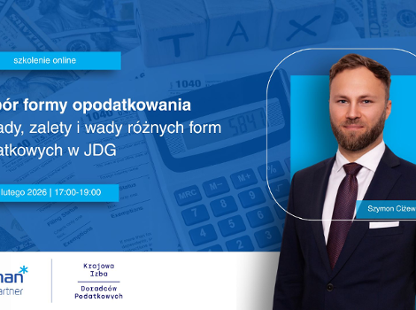 Grafika promocyjna szkolenia. W tle kalkulator i napis TAX