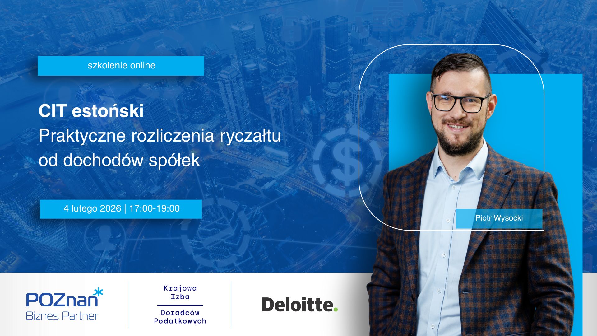 Grafika promocyjna szkolenia. W tle widać panoramę miasta.