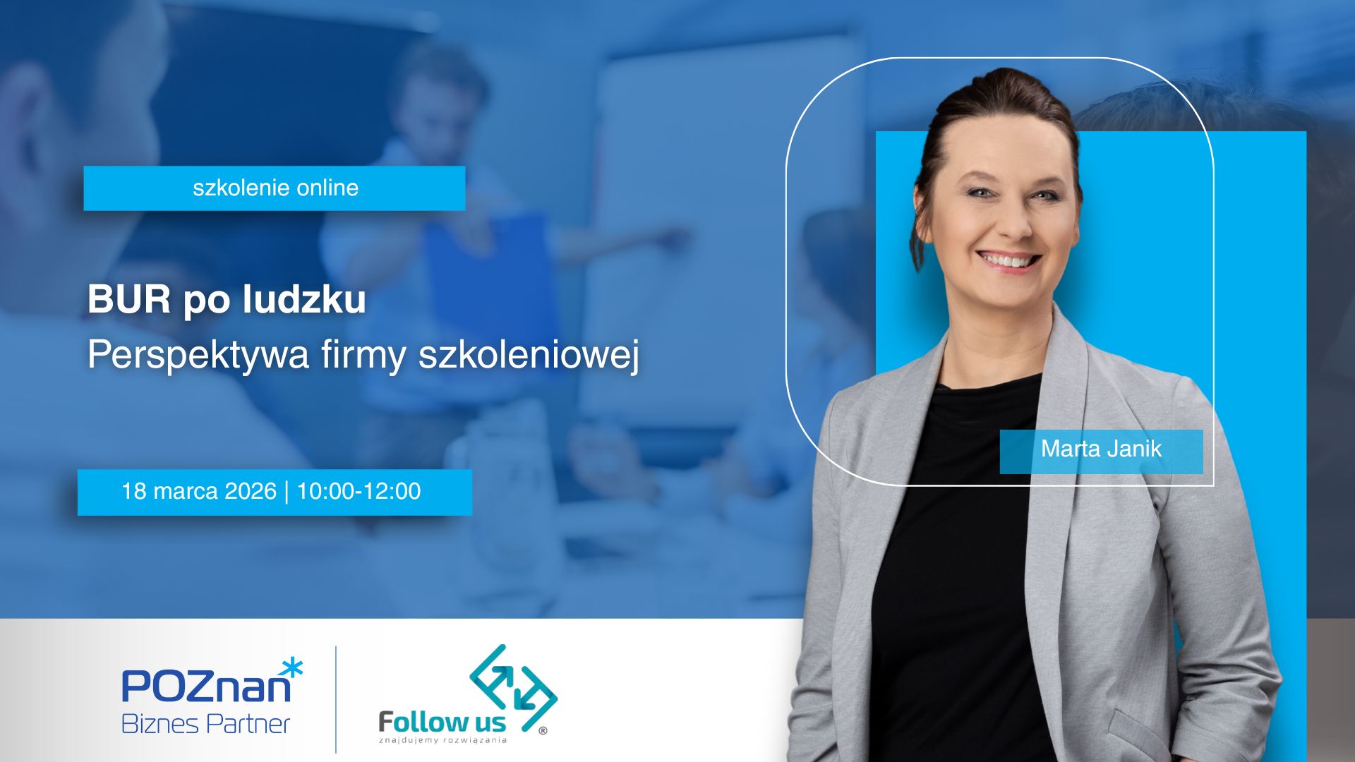 Grafika promocyjna szkolenia. W tle widać zespół pracujący nad czymś.