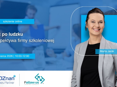 Grafika promocyjna szkolenia. W tle widać zespół pracujący nad czymś.