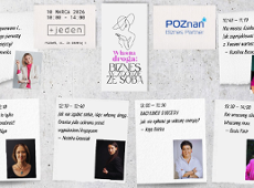 Grafika promująca konferencję "Własna droga: Biznes w zgodzie ze sobą". Na jasnym, betonowym tle rozmieszczone są kartki z programem wydarzenia, zdjęciami prelegentek oraz logotypami. W centrum znajduje się tytuł konferencji z minimalistyczną ilustracją kobiecej sylwetki. U góry podana data i godzina: 10 marca 2026, 10:00-14:00, miejsce: +jeden, Poznań, ul. Za Bramką 1, oraz logo Poznań Biznes Partner.