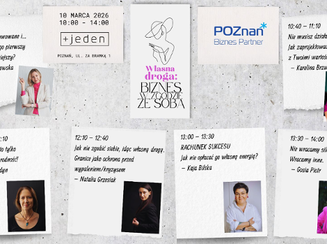 Grafika promująca konferencję "Własna droga: Biznes w zgodzie ze sobą". Na jasnym, betonowym tle rozmieszczone są kartki z programem wydarzenia, zdjęciami prelegentek oraz logotypami. W centrum znajduje się tytuł konferencji z minimalistyczną ilustracją kobiecej sylwetki. U góry podana data i godzina: 10 marca 2026, 10:00-14:00, miejsce: +jeden, Poznań, ul. Za Bramką 1, oraz logo Poznań Biznes Partner.