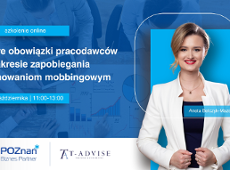 Grafika promująca szkolenie. Niebieskie tło, a na nim białe napisy, wizerunek prowadzącej ubranej w biały kostium oraz logotypy Poznań Biznes Partner i T-Advise
