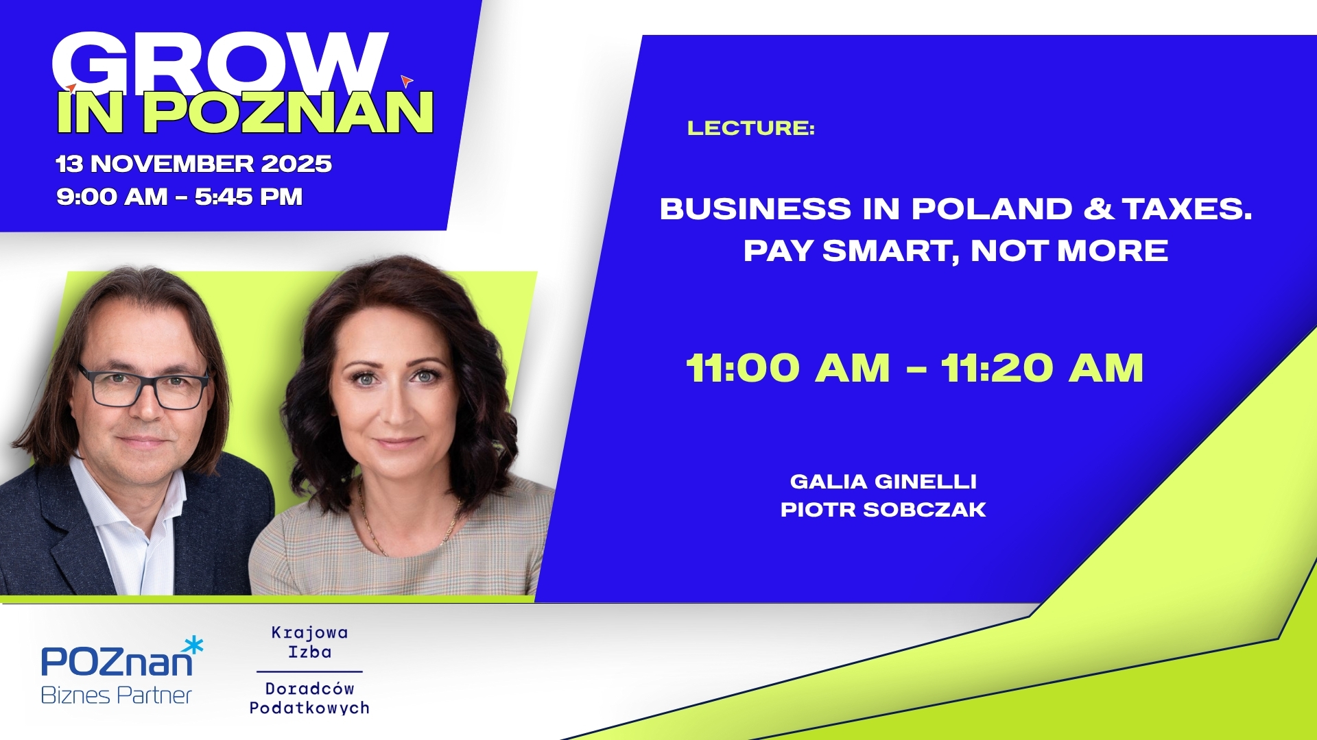 Grafika promująca wykład o podatkach w firmie. Jaskrawy limonkowy kolor tła oraz niebieskie akcenty. Widać twarze dwóch prelegentów.