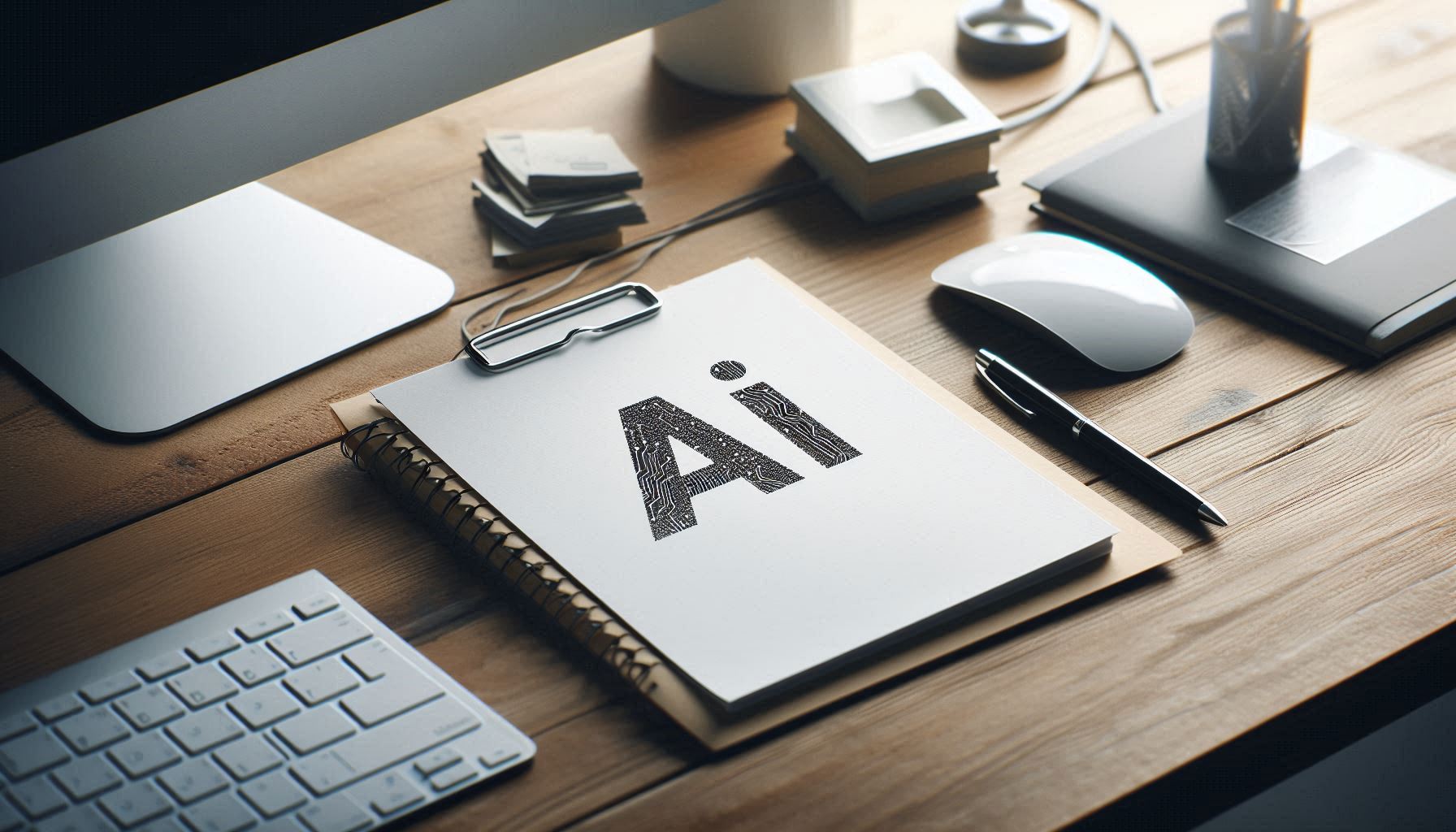 Grafika przedstawia drewniany blat biurka, a na nim znajdują się jasnoszare przedmioty: klawiatura komputera, myszka, monitor, notes z napisem "Ai" oraz czarny długopis.