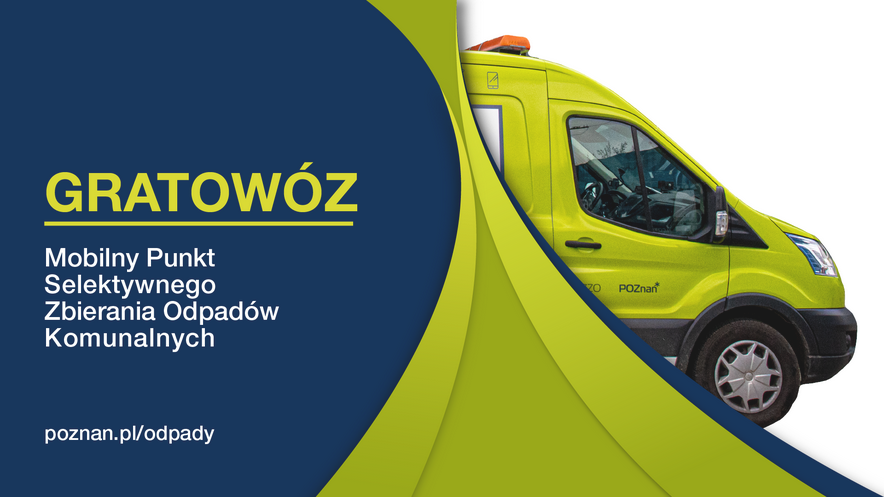 Grafika przedstawia jaskrawozielony pojazd odbierający odpady typu tekstylia, napis gratowóz oraz adres strony internetowej poznan.pl/odpady