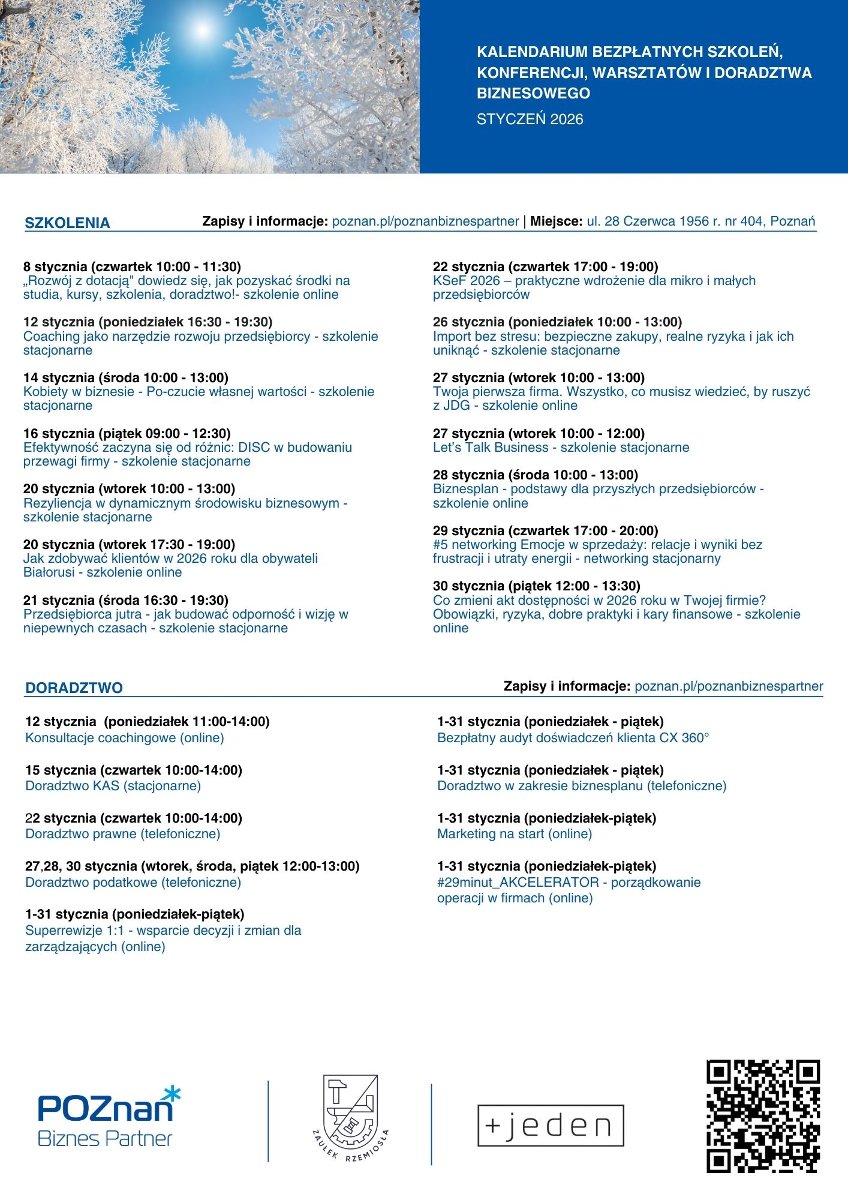 Grafika przedstawia kalendarium bezpłatnych szkoleń, konferencji, warsztatów i doradztwa biznesowego na styczeń 2026 roku w Poznaniu, przygotowane przez Poznań Biznes Partner, Zaułek Rzemiosła i Plus Jeden. Tło grafiki zdobią jesienne liście w odcieniach żółci, pomarańczu i brązu.