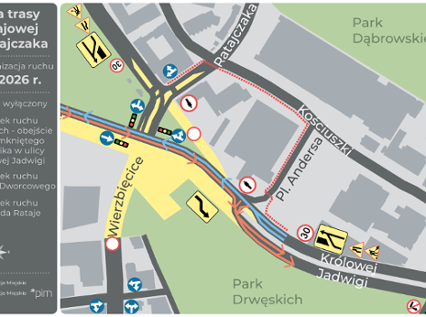 Grafika przedstawia mapę z czasową organizacją ruchu od dnia 16 lutego 2026 roku w związku z budową trasy tramwajowej w ulicy Ratajczaka. Zmiana dotyczy zmiany ruchu pieszych na ulicy Królowej Jadwigi.