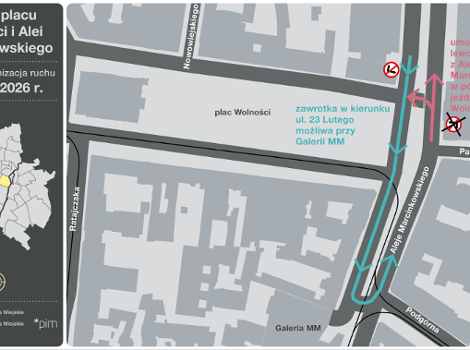 Grafika przedstawia mapkę z wyrysowanymi ulicami orazująca opisany w tekście objazd przy Alejach Marcinkowskiego.