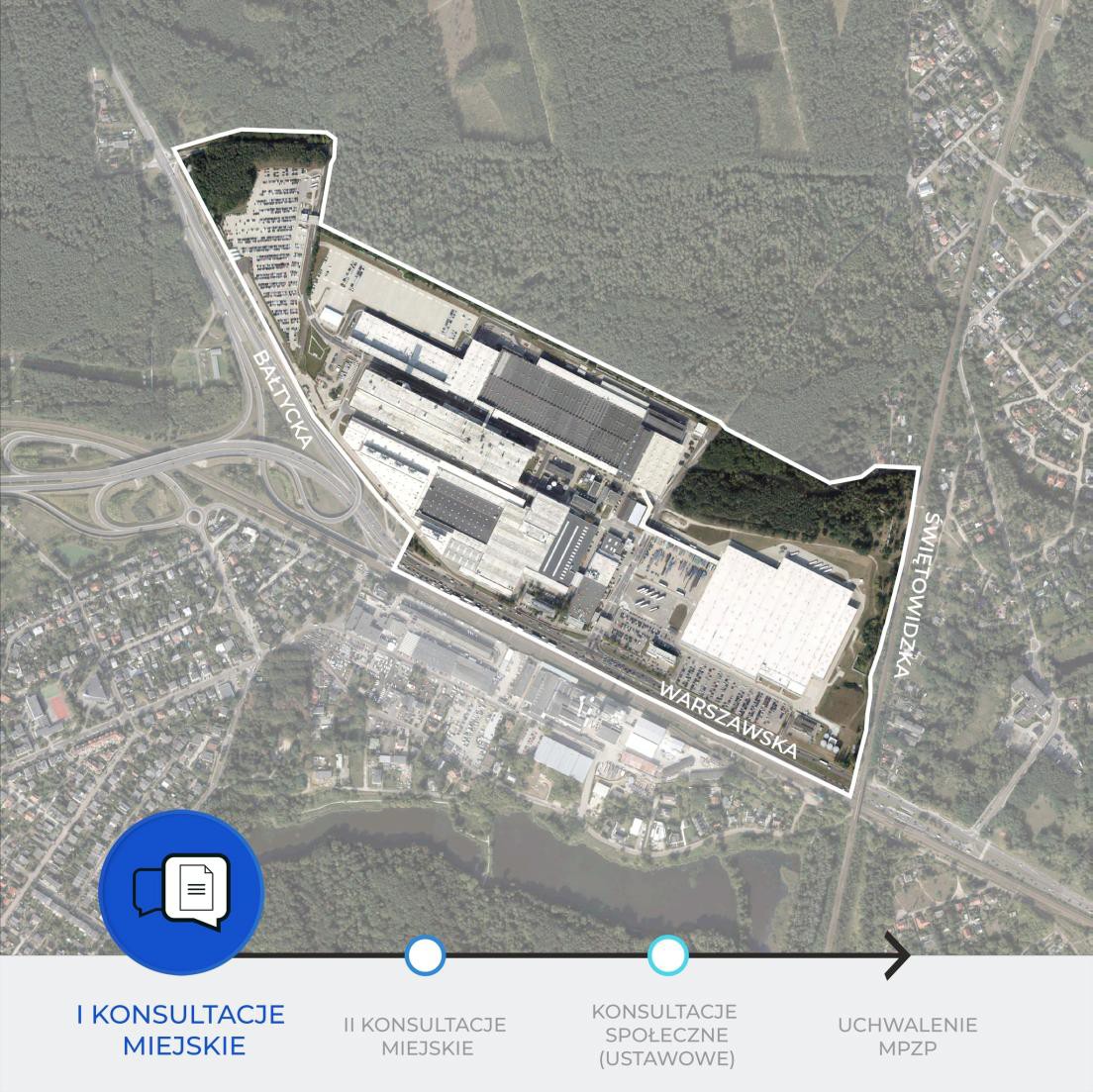 Grafika przedstawia ortofotomapę fragmentu miasta Poznanioa z nieniesioną białą granicą projektu planu miejscowego w Poznaniu. Wzdłuż ulic napis:Bałtycka, Warszawska, Świętowidzka. Na dole grafiki znajduje się oś czasu z wyróżnionym na niebiesko etapem projektu planu - I konsultacje społeczne