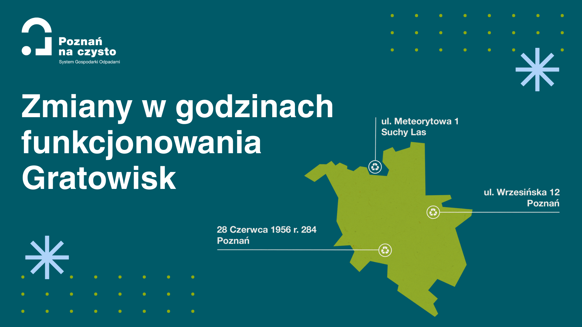 Grafika przedstawia schematyczny plan Poznania z zaznaczonymi miejskimi Punktami Selektywnego Zbierania Odpadów Komunalnych
