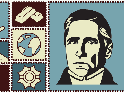 Grafika przedstawia uproszone symbole związane z Pawłem Edmundem Strzeleckim - mapę Autralii, Górę Kościuszki, kulę ziemską, sztabkę złota, książkę i popiersie Strzeleckiego