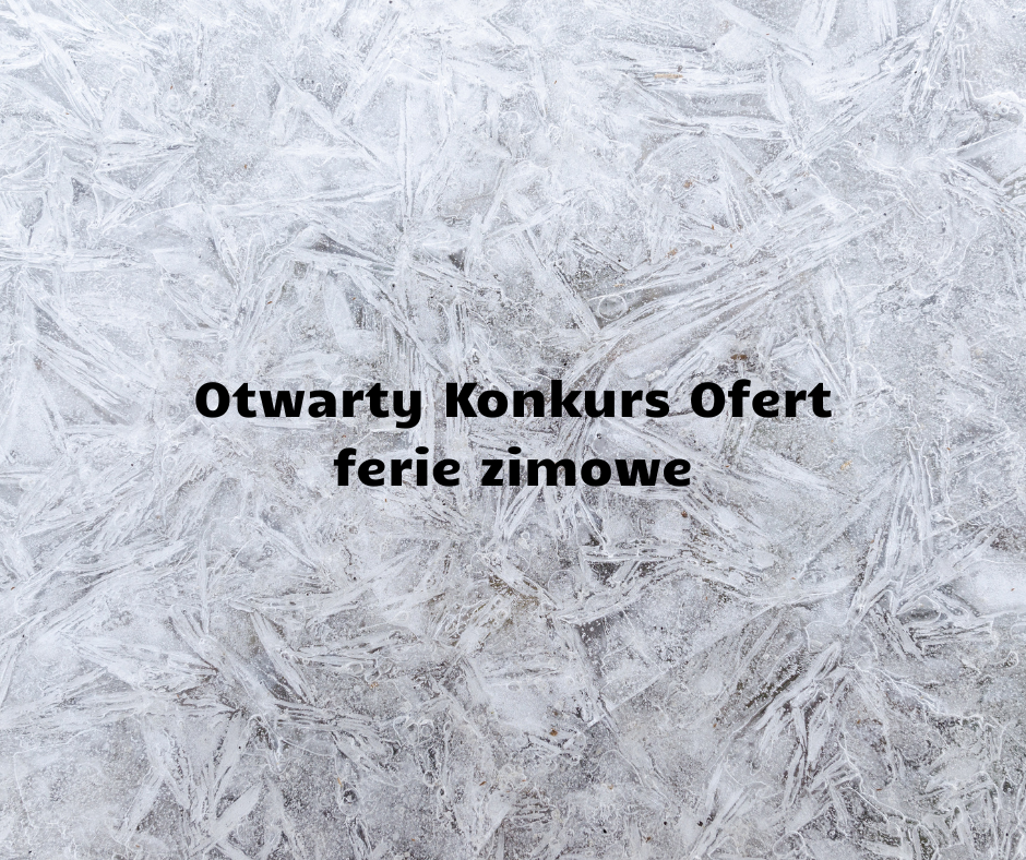 Grafika przedstawia zmrożone mrozem tło i napis "Otwarty Konkurs Ofert, ferie zimowe"