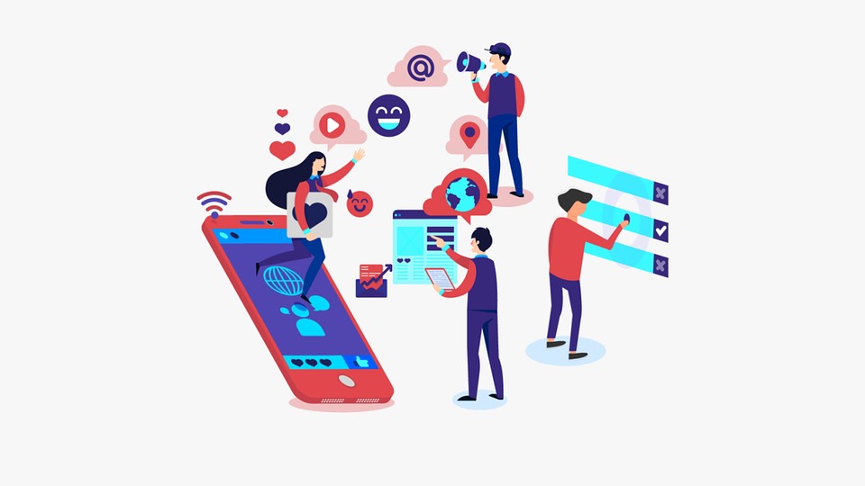 Grafika przedstawiająca grupę osób zajątych przetwarzaniem danych: w telefonie komórkowym, na tablicy, tablecie, przez megafon.