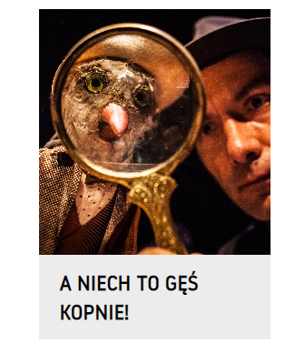 na pierwszym planie ptak spoglądający przez lupę, obok twarz mężczyzny w kapeluszu