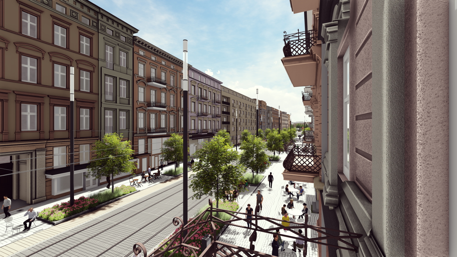 Grafika przedstawiająca wizualizację ulicy Ratajczaka po remoncie z kamienicami i torowiskiem.