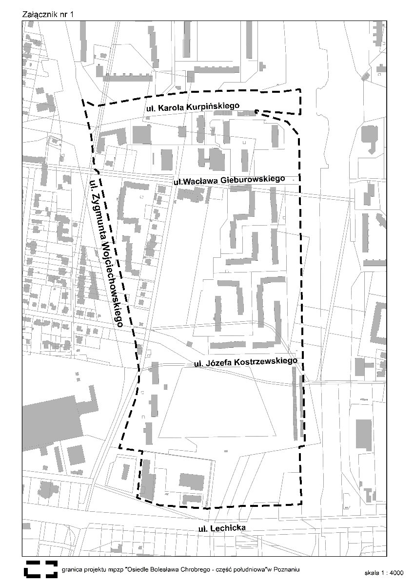 Grafika przedtawia przebieg granicy planu Mpzp "Osiedle Bolesława Chrobrego - część południowa" w Poznaniu