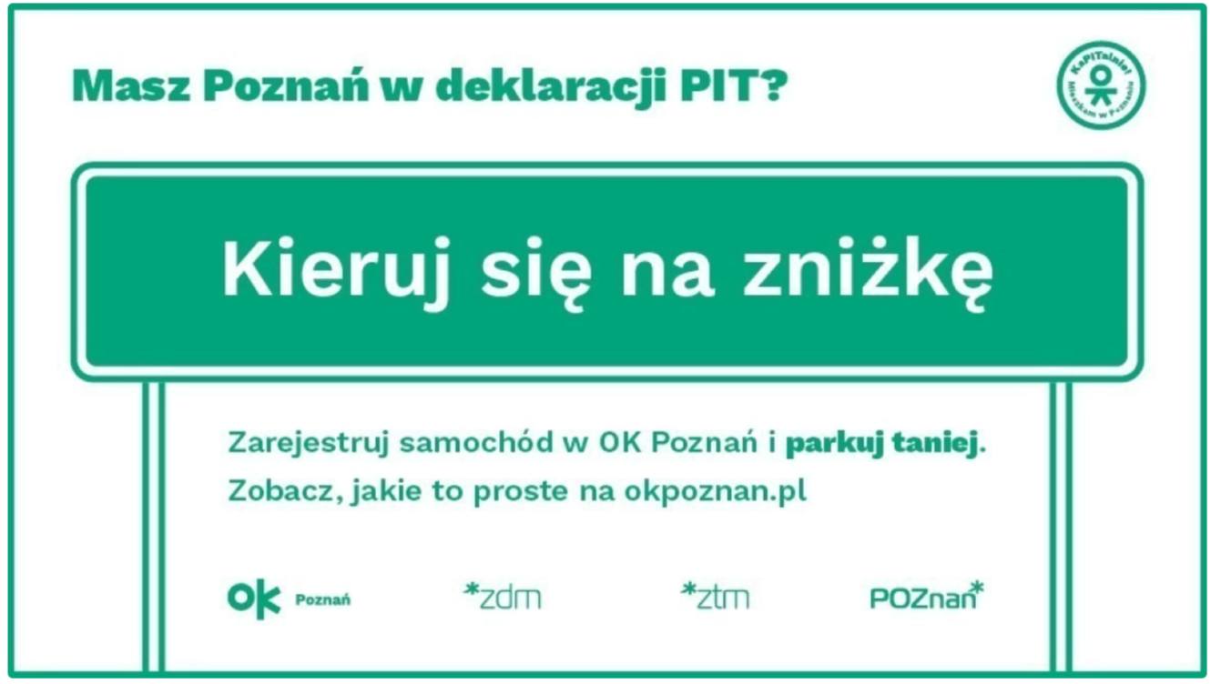 Grafika w kolorze białym i zielonym przedstawia znak drogowy, a na nim hasło "kieruj się na żniżkę",